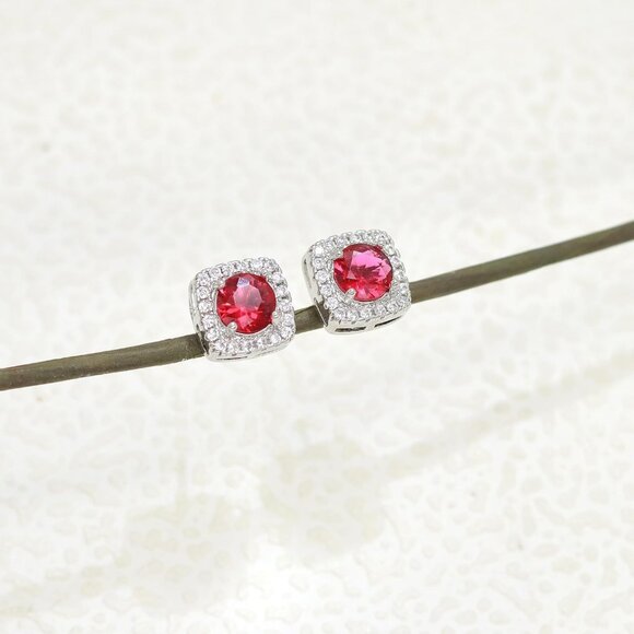 Women's Red Square Simulated Dainty Diamond Halo Sparkling Stud Earring - Picture 7 of 9
